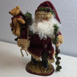 Vintage Rustic Santa Claus Figure‎ Christmas Teddy Bear Gift Sack Pine Cone Moss
